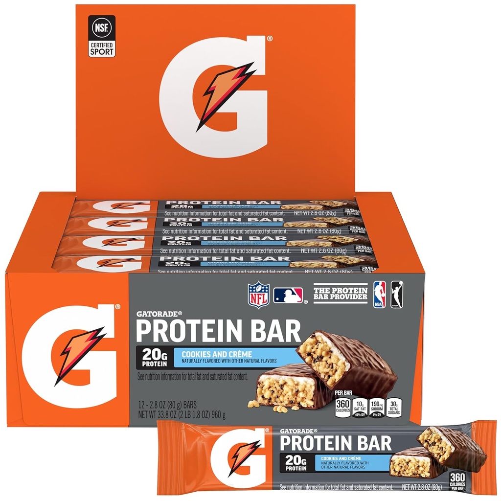 Gatorade Whey Protein Bars, Cookies & Crème, barre da 2,8 oz (Pack di 12, 20g di proteine per bar)