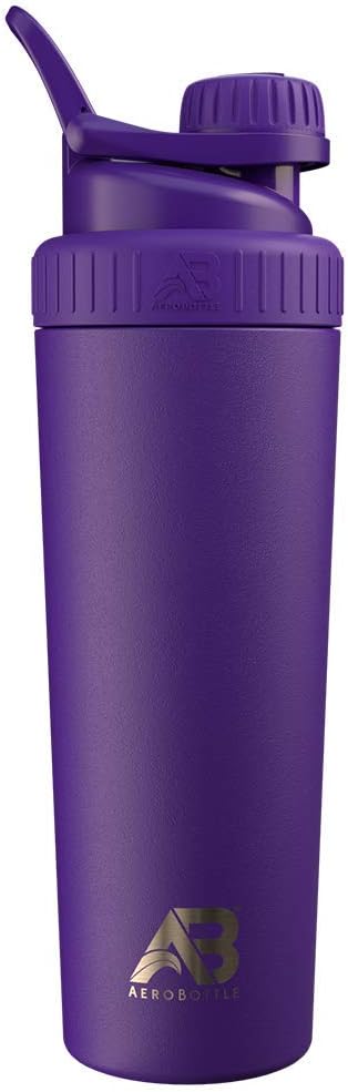 AeroBottle Cryo Shaker Cup, Bottiglia d'acqua in acciaio inox isolata e Shaker Proteine, Miscela Proteine e Pre Workout Con Turbulent Mixing Technology, No Blending Ball or Wisk, 26oz, Viola di caduta notturna