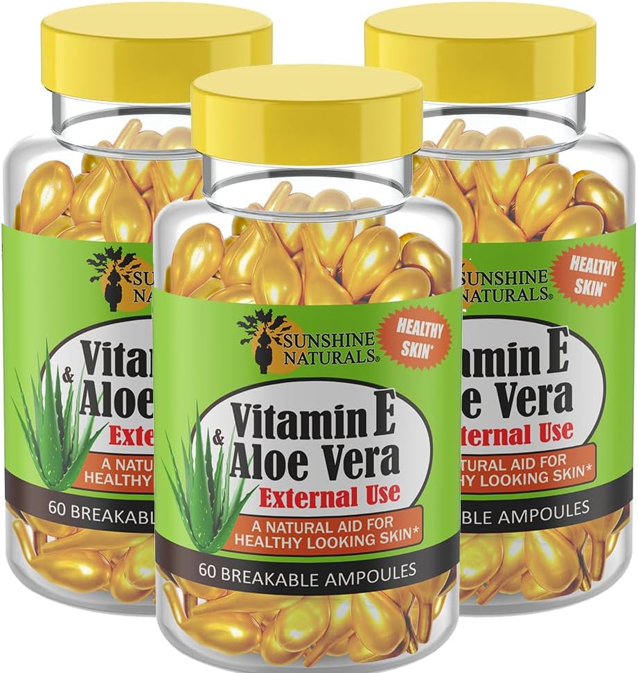 Naturale del sole Vitamina E e Aloe Vera Moisturizer. Formula idratante per pelle secca, sollievo allenitivo, nutrimento e elasticità della pelle. Promuove la pelle morbida e sana. 60 Vials. Confezione da 3
