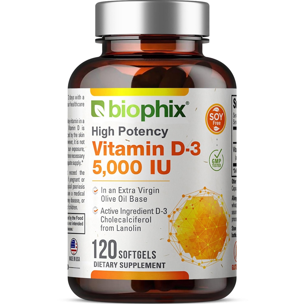 Vitamina D3 5000 IU Softgels 120 Count (125mcg) - Vitamina D-3 Alta potenza in Olio Extra Vergine di Oliva Soia Non OGM Gratuita per Uomini e Donne - Vit Supplemento 3D Supporta le ossa forti & Salute Immune