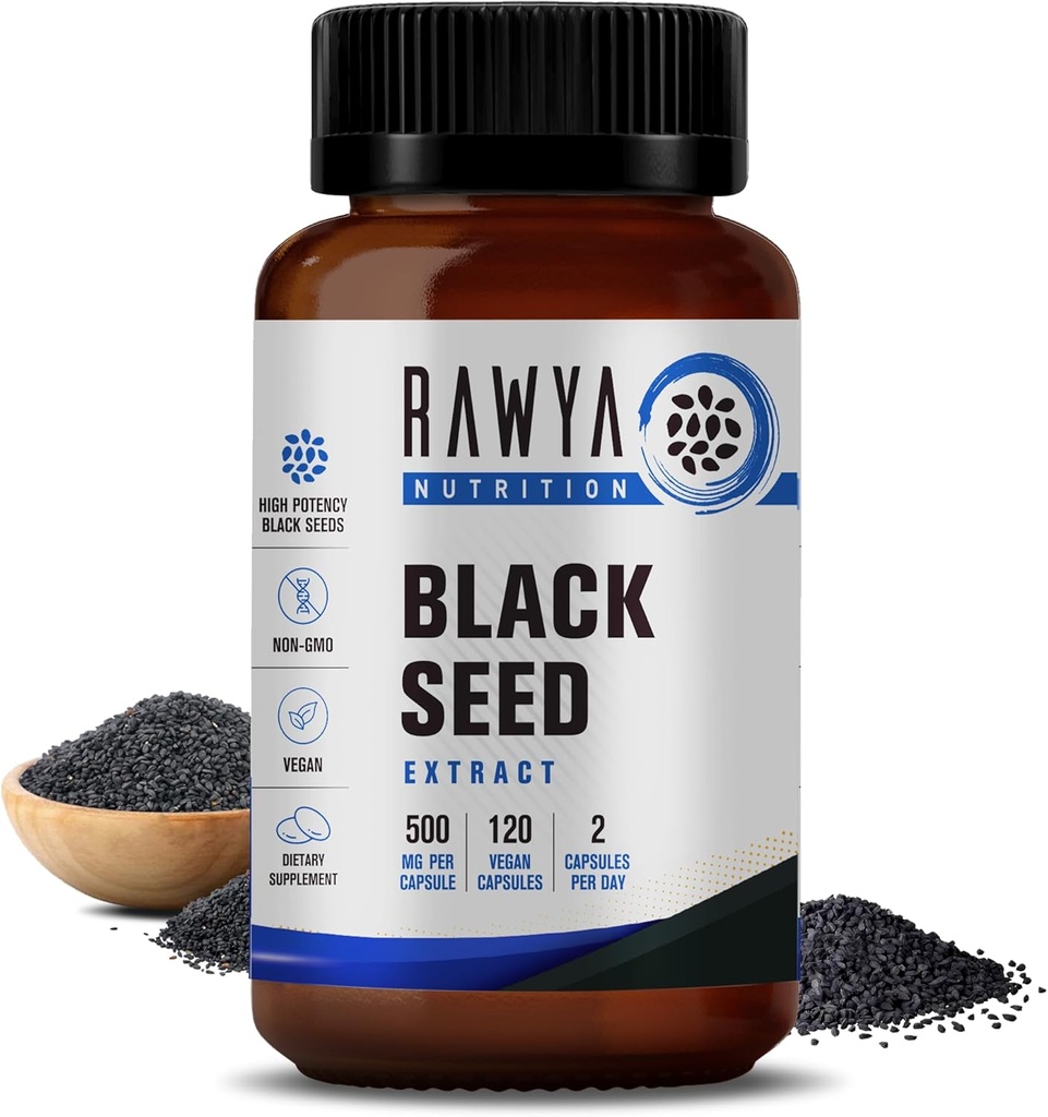 RAWYA Nutrition Black Seed Extract, Nigella Sativa, Black Cumin Seed Powder, 500 mg Ciascun, promuove il benessere, la flessibilità e la pelle radiante, Halal, Vegan, Pure & Natural Supplement - 120 Vegan Capsule