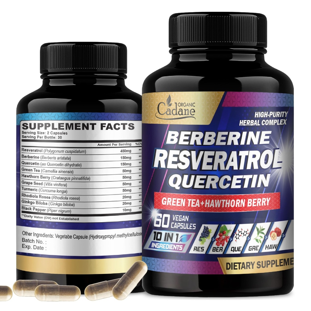 Cadane Resveratrolo Supplemento - 10in1 Plus con Quercetin, Berberina, Tè Verde, Semi di Uva, Berry di Hawthorn, Turco, Rhodiola Rosea, Ginkgo Biloba, e Pepe Nero - 60 capsule