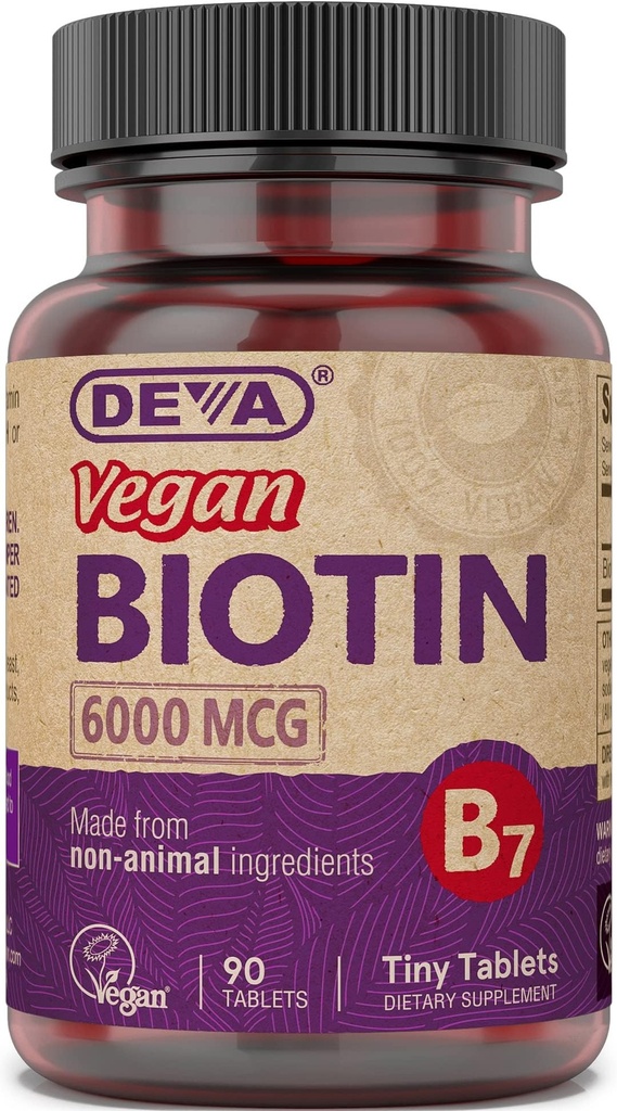 DVA Vegan Biotin Supplemento 6000 mcg – Vitamina B7, Tavolette piccole, 90 Conte
