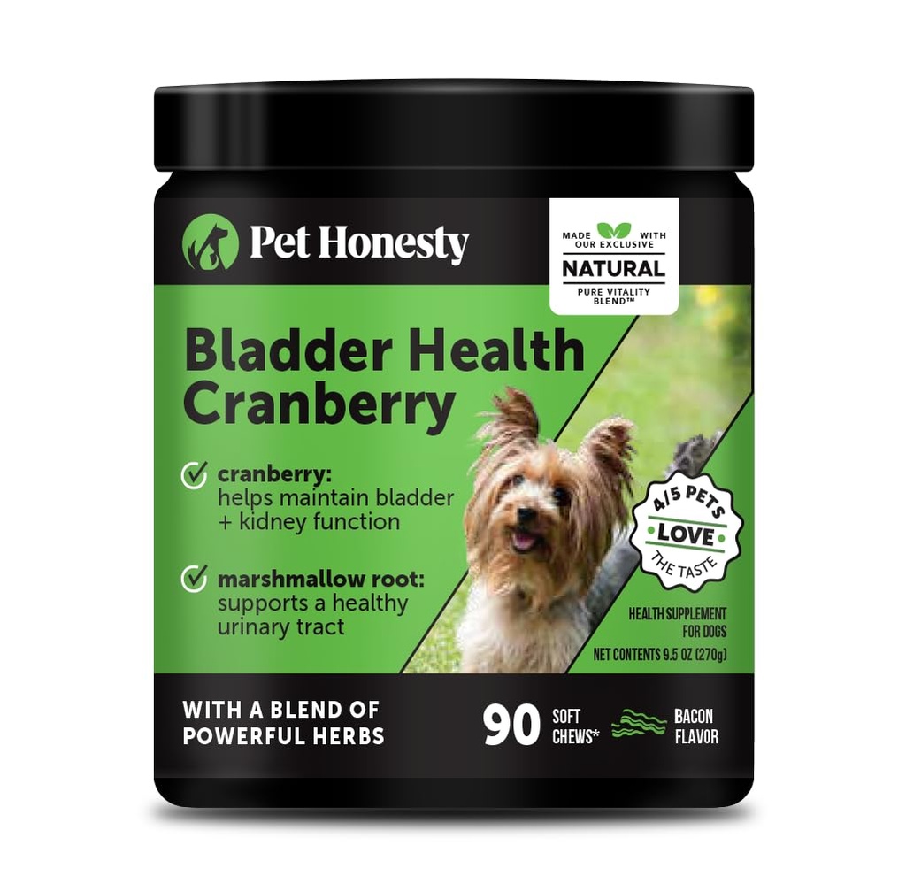 Salute della vescica di mirtillo per cani – Contiene ingredienti attivi - Cranberry & D-Mannose per aiutare il supporto della salute del tratto urinario del cane, supporto della vescica del cane, & supporto del rene per cani (Bacon)