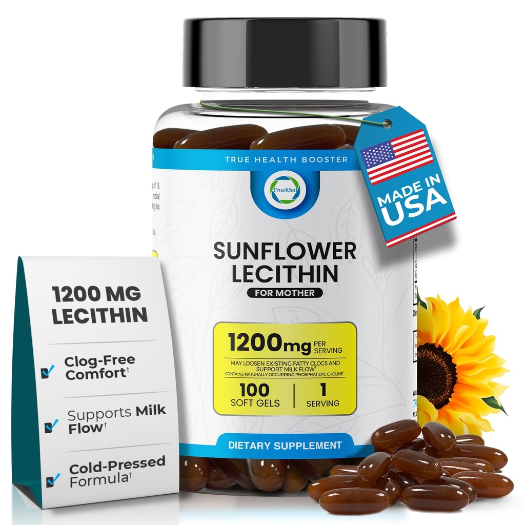 Lecitina di girasole 1200 mg, portata del latte, supporto senza soia e non OGM per l'allattamento mamme sblocca i denti di latte, cervello, Nerve & Liver Health, Phospholipid-Rich per la madre 100 Softgel