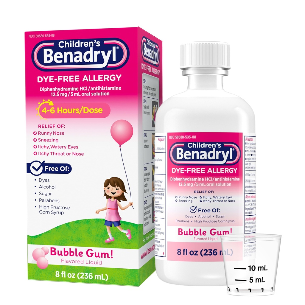Benadryl Children’s Dye-Free Allergy Relief Liquid, Allergy Medicine for Kids, 12,5 mg Diphenhydramine HCl Antihistamine, Relieves Runny Nose & Sneezing, Paraben-Free, Bubble Gum Flavor, 8 fl.