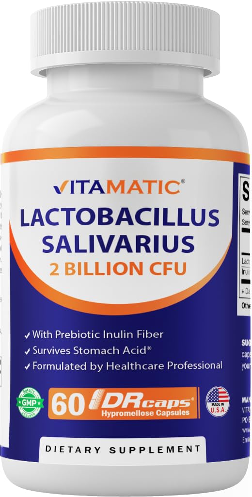 Vitamatic Lactobacillus Salivarius 2 miliardi per DR Capsule - 60 conte - Supporto digestivo - Realizzato con fibra di Inulina Prebiotica (1 Bottiglia)