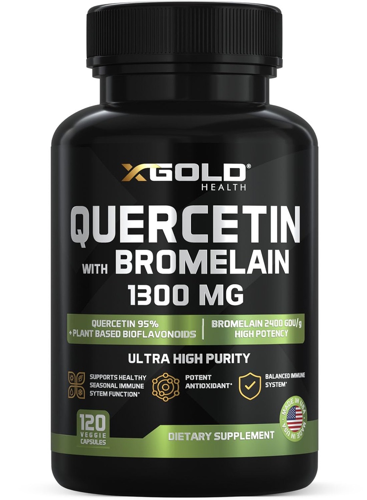 Quercetin + Bromelain 1,300mg – Quercetin: 95% - Altamente purificato e altamente biodisponibile Plus Bromelain 2.400 GDU/g - Made in USA | 120 Caps