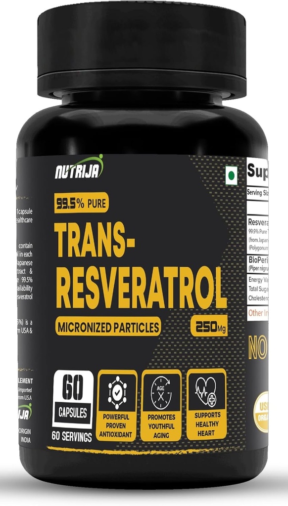 Trans Resveratrolo 250MG Capsule - 99,5% Pure Micronized e ad alta biodisponibilità Supplemento | Slow Down Aging, Proven potente antiossidante | Migliora il metabolismo e la salute del cuore (120 capsule)