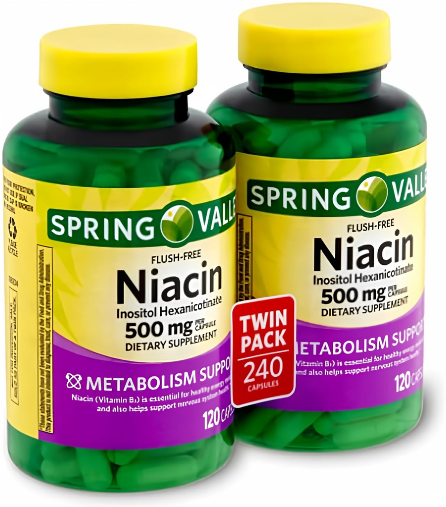 Valle di Primavera - Niacina senza Flush (B-3) 500 mg, 240 capsule (2 bottiglie di 120)
