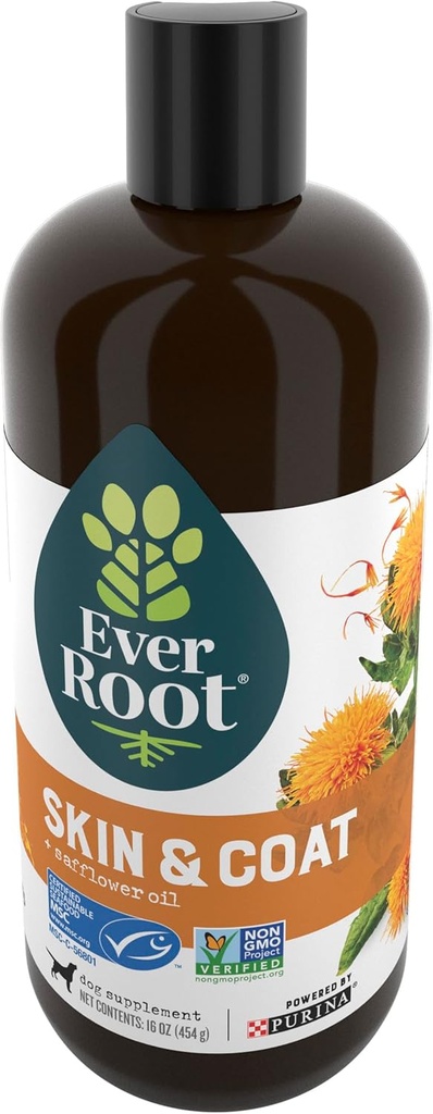 EverRoot Dog Skin Care Dog Integratori di Purina, Pelle e Cappotto per Cani Olio con Olio di Safflower - 16 oz. Bottiglia