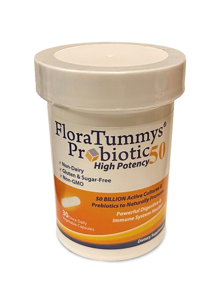 FloraTummys 50 Probiotici adulti ad alta potenza, 50 miliardi di CFU, Prebiotici, Latticini Free, Gluten Probiotico Libero, Non OGM, Senza zucchero, Made in USA