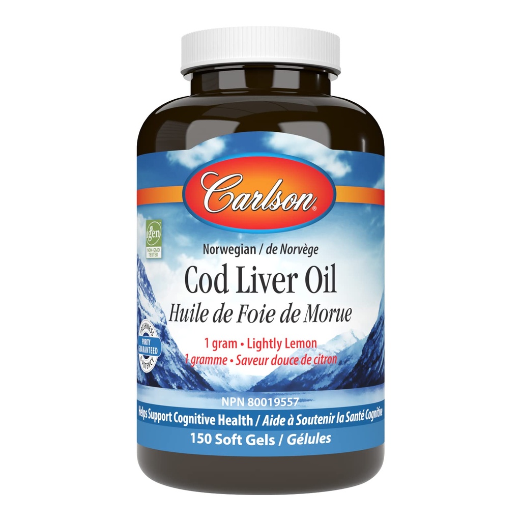 Carlson - Cod Liver Oil Gems, 460 mg Omega-3s + Vitamine A & D3, Wild-Caught Norvegese Arctic Cod-Liver Oil, Sustainably Sourced Nordic Fish Oil Capsules, Limone, 150 Soft Gels