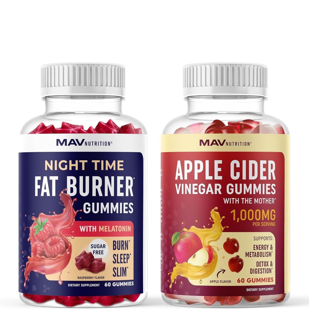MAV NUTRITION Night Time Fat Burner Gummies e Apple Cider Vinegar Gummies | Nighttime, Metabolism Boost & Weight Management Gummy Bundle | 30 Serve Ogni