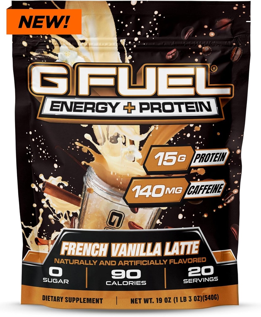 G Fuel Protein + Energy Drink Powder, Pre Workout Caffeine Mix for Gaming, Sugar Free Focus Amino, Vitamina + Antiossidanti, 19oz (Vanilla Latte francese, 20 Serve)