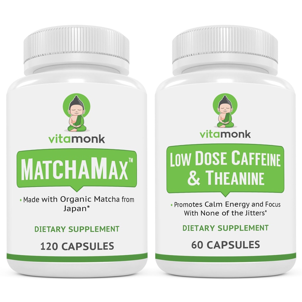 VitaMonk Energy & Focus Bundle: MatchaMax Organic Japanese Matcha Capsules Low Dose Caffeina e Theanine