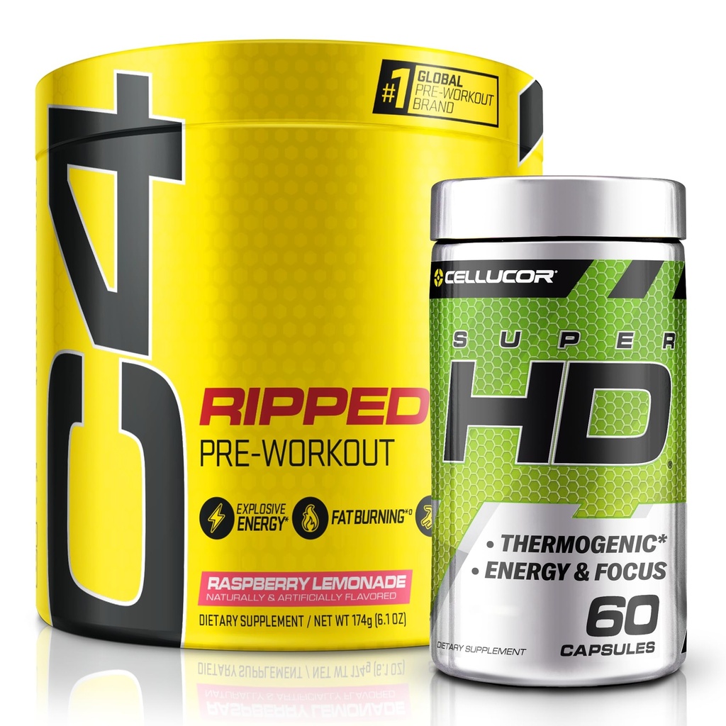 C4 Ripped & SuperHD, Il Bundle Termogeno, C4 Ripped Pre Workout Powder, Raspberry Lemonade 30 Servings + SuperHD con Capsimax e Green Tea Extract, 60 Servings