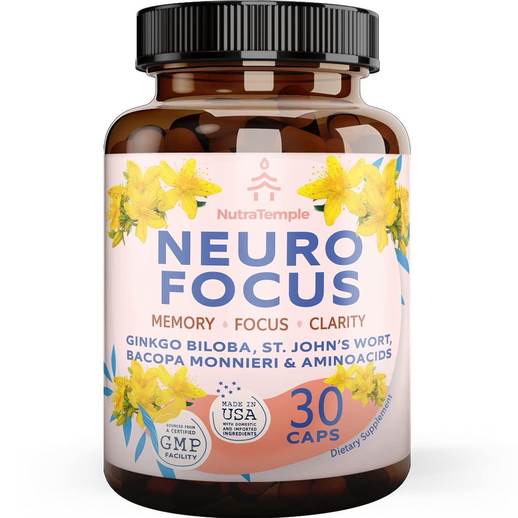 Brain Booster Gingko Biloba Supplemento - Nootropics for Mind, Focus, Memory, Clarity with Bacopa Monnieri, St. Johns Wort - 30 Brain Food Capsules