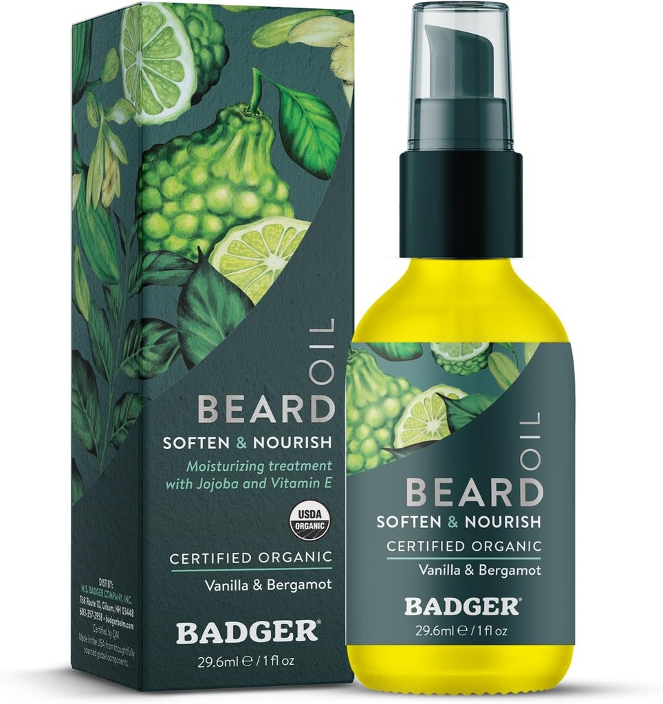 Badger Beard olio, Babassu & Jojoba, Certificato Organico, Condizionatore di Cuscinetto Premium, Olio di Cuscinetto per Pelle Asciugata, Olio di Cuscinetto per Cuscinetti lunghi, Olio di Capelli Facciali, Bottiglia di vetro da 1 fl oz