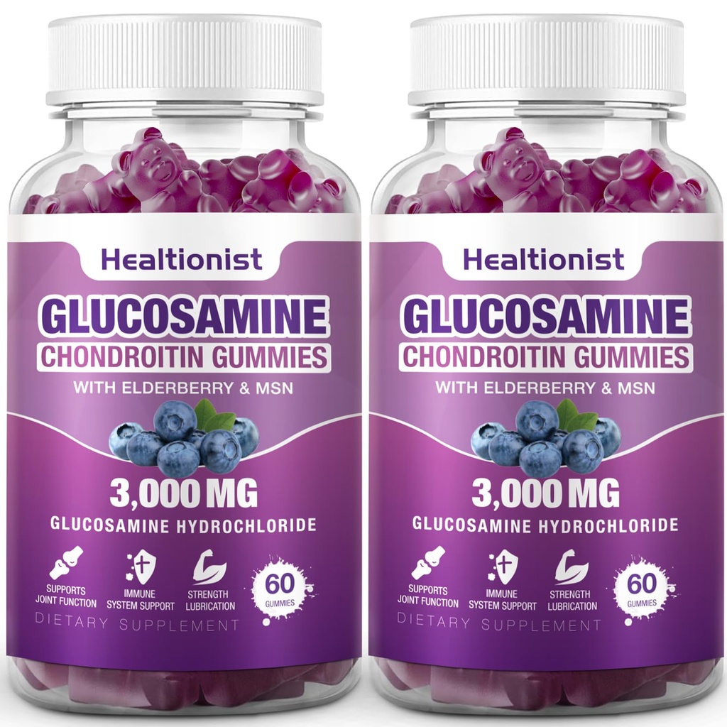 2 Packs 3000mg Glucosamine Chondroitin Gummies con MSM & Elderberry - Salute Joint Extra Strength, Flessibilità, Antiossidante Supporto Immune Integratore Gummy per Adulti, Uomini & Donne 120 Cts