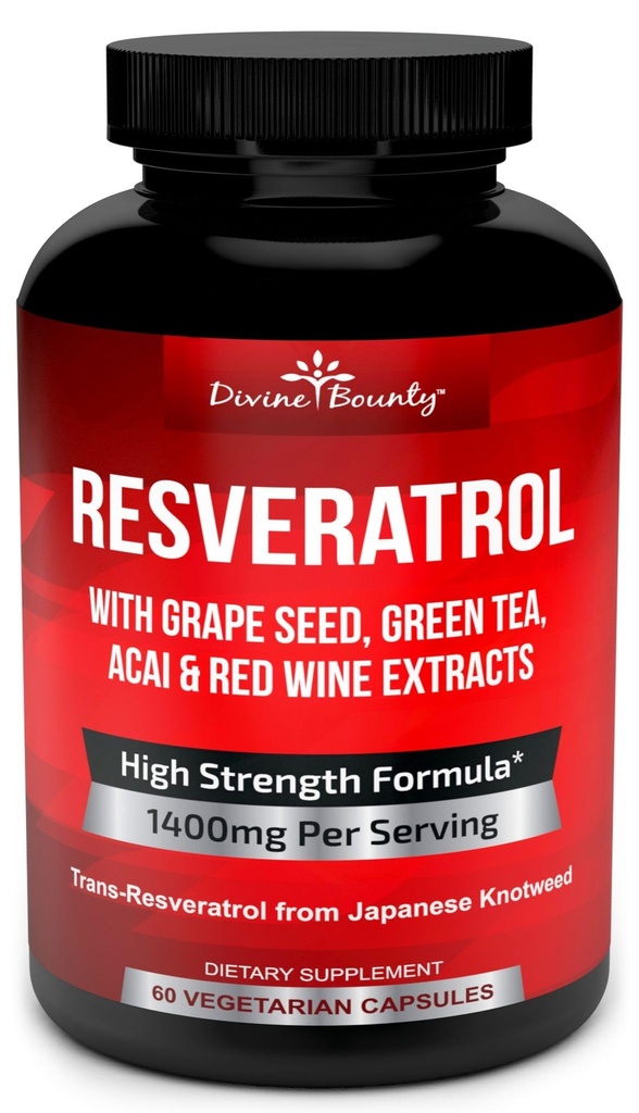 Integratore di resveratrolo - 1400mg Formula ad alta resistenza con estratto di semi di uva, Estratto di tè verde, Estratto di vino rosso - 60 capsule di verdure