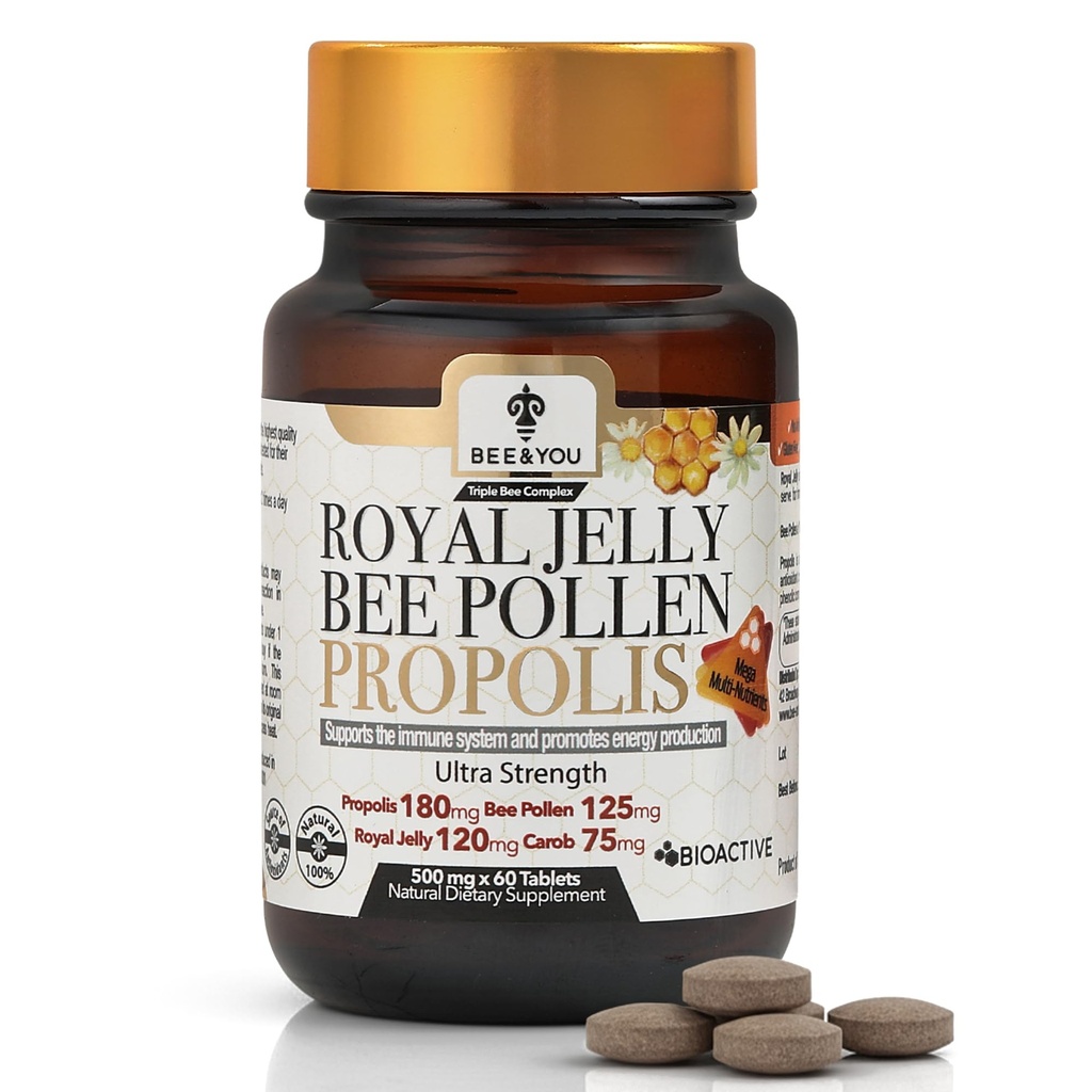 Bee and You Royal Jelly Tablet, Estratto di Propolis, Polline di api, Superfood naturale al 100%, Ultra Pure, Integratore di supporto immunitario, Migliora l'energia, Focus, Antiossidanti, Fresco, Keto, Paleo, Senza glutine | 60ct