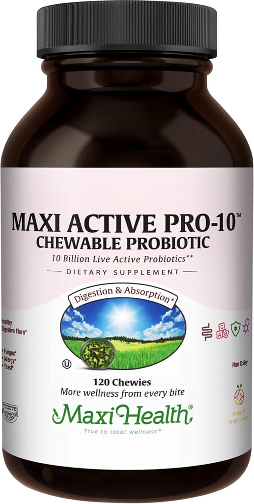Maxi Salute Attivo Pro-10 Bambini Masticabili Probiotici – 15 Stin per la salute digestiva e immunitaria – 10 Miliardi di Probiotici Frullato-Free, Kosher – Supporta la salute del fegato, Vegetariano – 60 ct (Stabile da bagno)