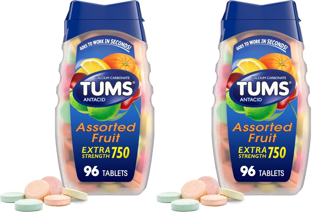 TUMS Compresse azotate ad alta resistenza per sollievo da stomaco masticabile e sollievo da indigestione acida, aromi assortiti di frutta - 96 conteggio (pacchetto di 2)