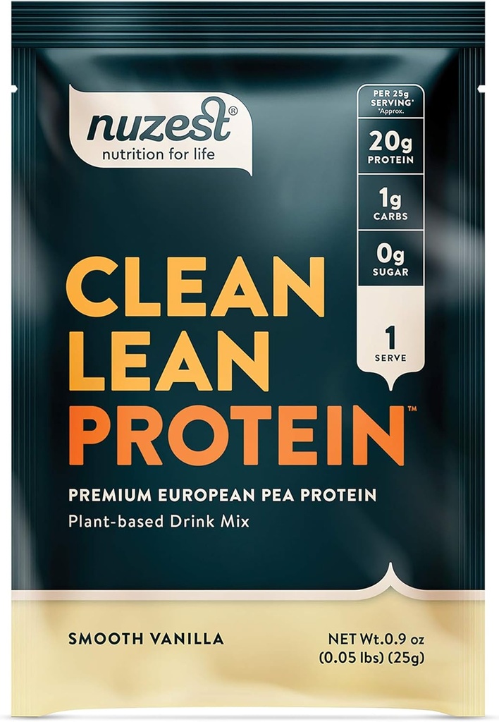 Nuzest - Pea Protein Powder - Clean Lean Protein, Premium Vegan Plant Based Protein Powder, Dairy Free, Gluten Free, OGM Free, Naturally Sweetened Protein Shake, Smooth Vanilla, 1 Serving, 0,9 oz