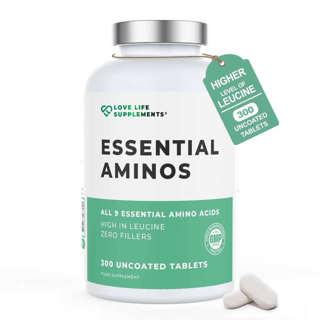Aminoacidi essenziali - 300 Facile da ingoiare compresse / 60 Serve - Tutti 9 Aminoacidi EAA con Tutti 3 BCAA Plus 6 Più EAA per costruire e riparare il muscolo, 5-10g per porzione, Alta in Leucina e Vegan