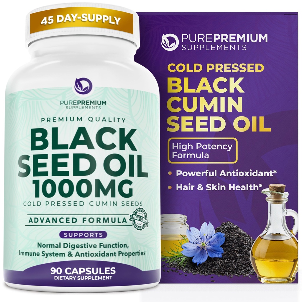 Olio di semi di semi di puro premio nero 500mg - Semi di Nigella Sativa Organica, Estratto di olio di cumino nero pressato a freddo - Supplemento di capelli / pelle per uomini / donne pacchetto di 90 capsule