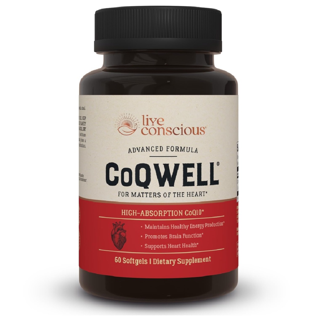 Live Conscious CoQWell - Cuore CoQ10, Cervello e supporto vascolare per la salute, Coenzyme Q10 Ubiquinone - 60 Softgels - Alimentazione di 60 giorni