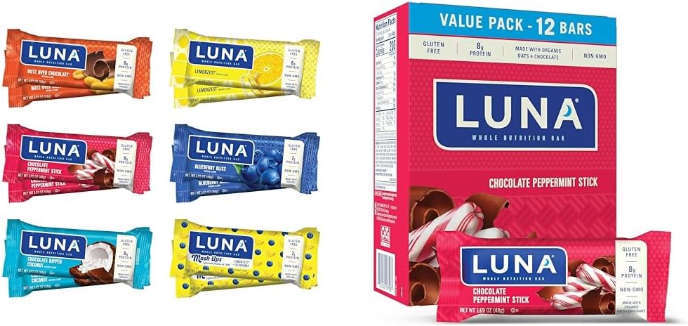LUNA Bar Variety Pack (12 Conte) + Chocolate Peppermint Stick (12 Pack) - Snack bar senza glutine