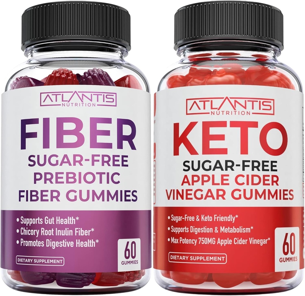 Atlantis Nutrition Zucchero Prebiotico Gratuito Fibra Gummies per Adulti 2-Pack (120 Gummies) + Aceto di sidro di mele Keto senza zucchero 60 Gummies