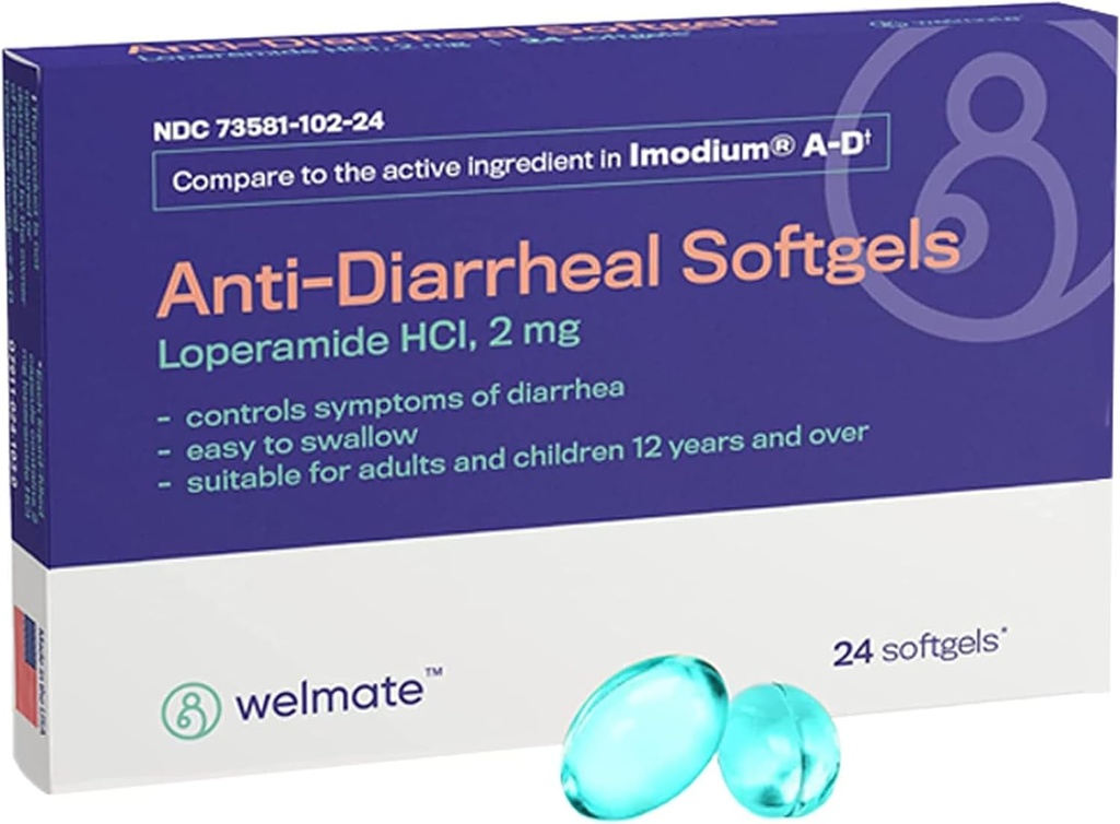 WELMATE - Anti-Diarrheal Softgels (24 Softgels) - Loperamide HCL 2 mg - Diarrea Sintomo Rilievo - Upset Stomach Reliever - Anti Diarreea Pillole - Medico Over-The-Counter