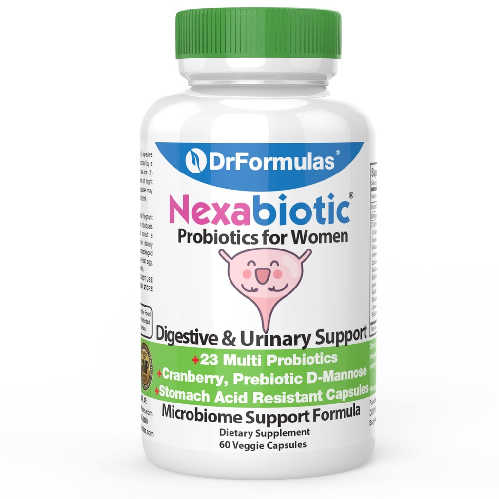 DrFormulas Mirtillo Probiotici per Donne Salute vaginale & Tratto urinario con fibra Prebiotici & D Mannosio | Nexabiotico Feminina Salute, Vaginosi con Lactobacillus Acidophilus per lievito, 60 capsule