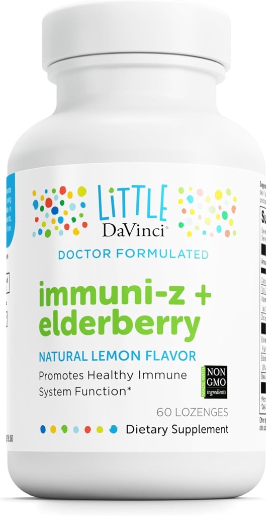 DAVINCI Little Immuni-z + Elderberry - Lozenge di zinco per bambini per sostenere la salute immunitaria, i polmoni sani e il tessuto di trazione* - con vitamina D3, zinco, mirtillo e altro - Limone Flavor - 60 Lozenges
