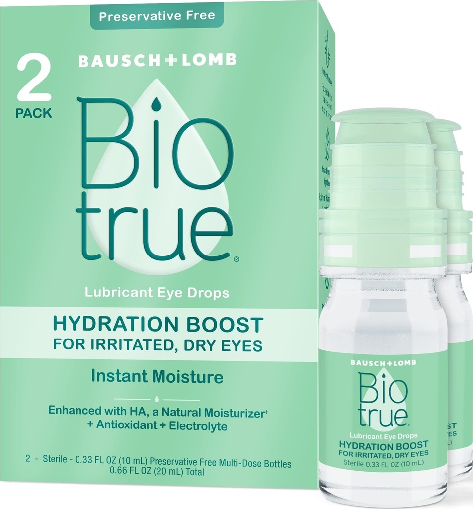 Biotrue Hydration Boost, Preservative-Free Eye Drops for Dry Eyes, istantaneamente idrata, Rehydrates, Contatto Lens amichevole, Refresh & Relieve Eye Irritation, 0.33 FL Oz (Pack of 2)