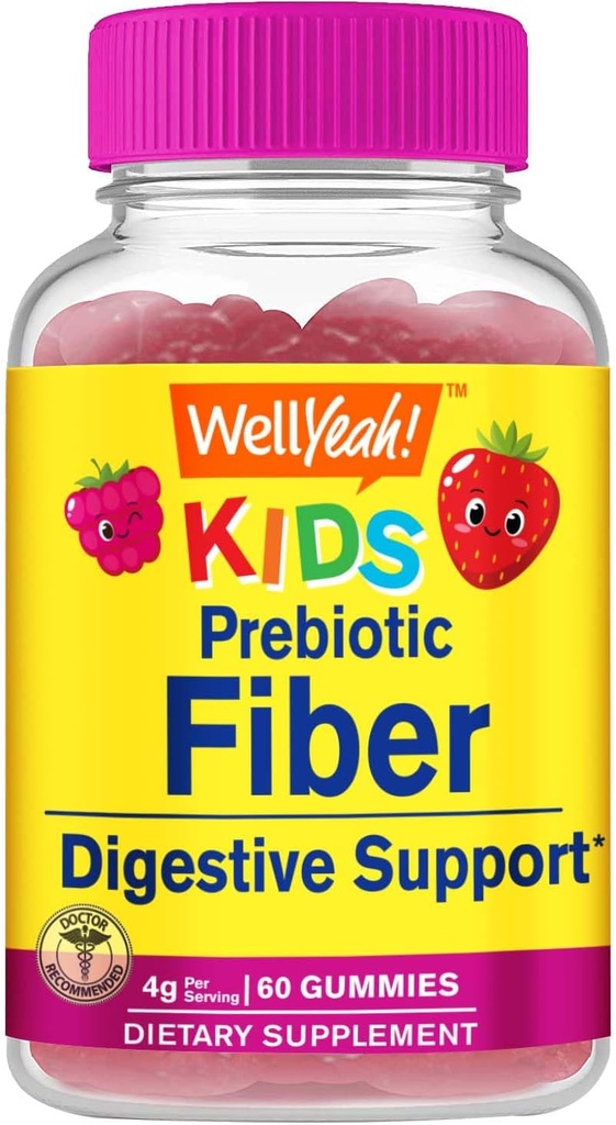 WellYes Prebiotic Fiber Gummies per bambini - Supporto di sistema digestivo, Medico Raccomandato - Vegan Friendly e senza glutine, OGM Free - Yummy Berry Flavors - 60 Conte
