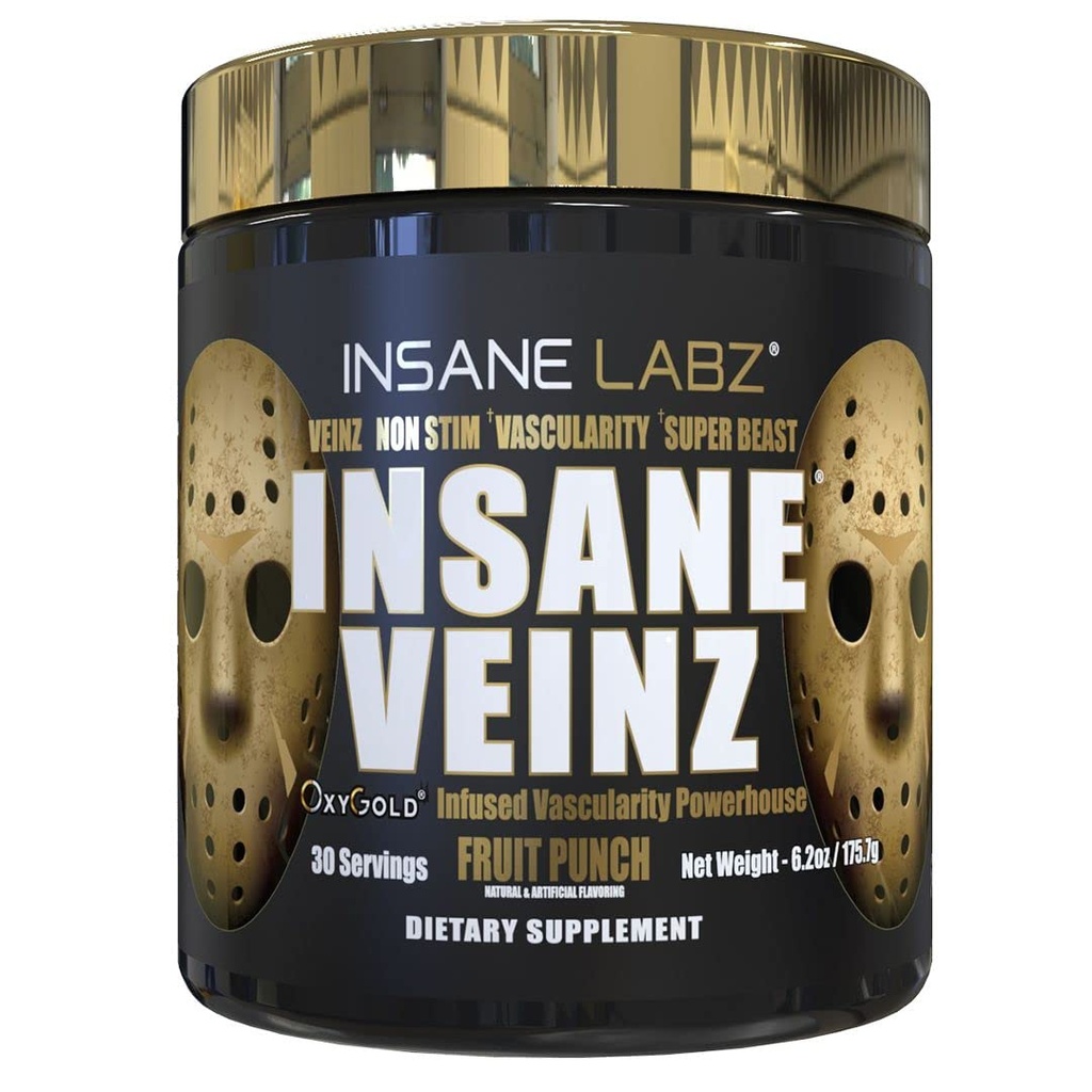 Insane Labz Insane Veinz Gold, Nitric Oxide Non Stimolant pre polvere di allenamento, Caricato con Hydromax, Nitrosigine, Aumenta la vascolarità e flusso sanguigno, 30 Srvgs, Punch di frutta
