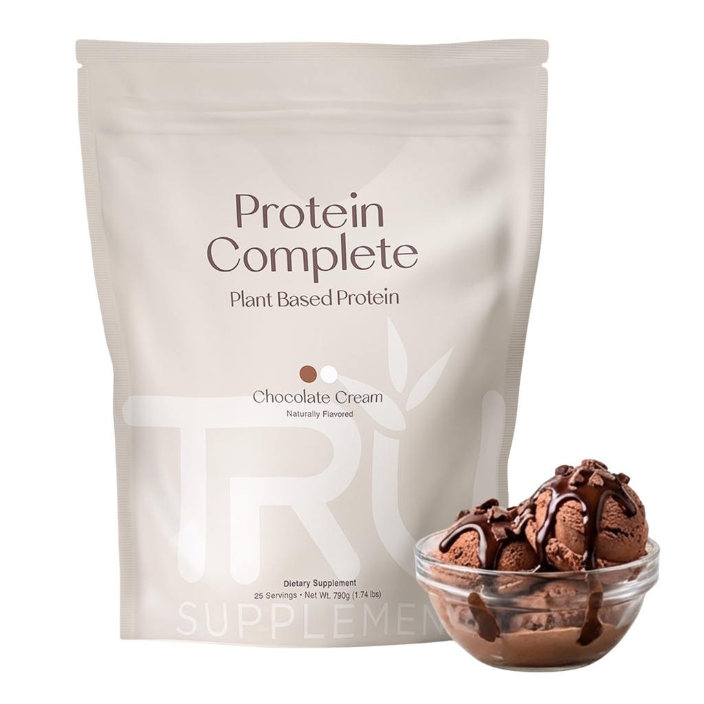 TRU completa la polvere proteica basata sulle piante, BCAA, EAA, 20g Vegan Brown Rice & Pea Protein, 100 Calorie, 27 Vitamine, Nessun aroma artificiale 25 Serve (Natural Chocolate Cream)
