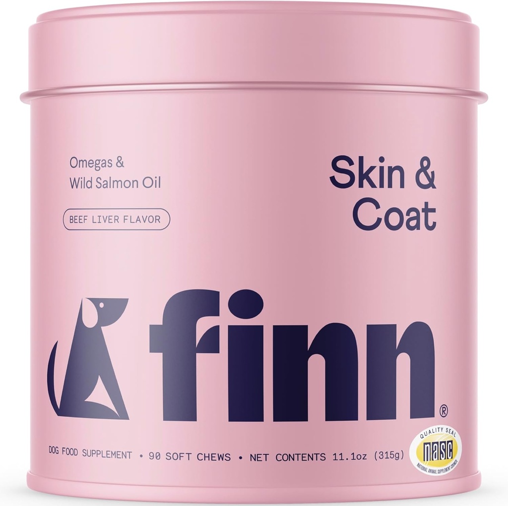 Finn Skin & Coat Salmon Oil Supplemento per cani | Supporta uno spessore & Shiny Coat | Fish Oil da Wild Alaskan Salmon, Omega-3s, EPA & DHA, Biotin, & Zinc | 90 Soft Chews