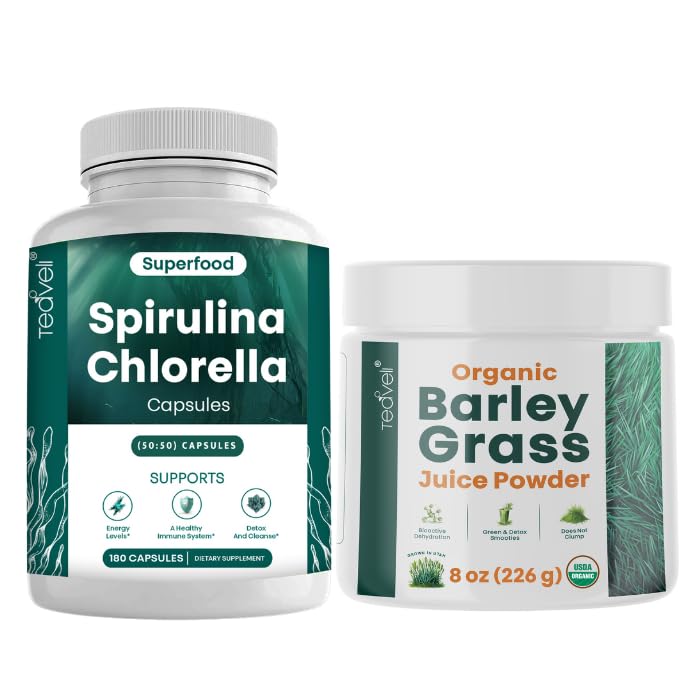 Tèveli Spirulina Chlorella capsule e orzo erba succo polvere Bundle