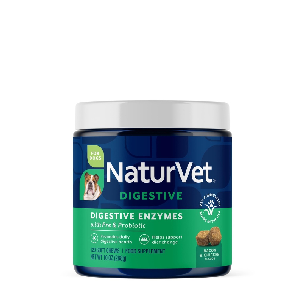 NaturVet – Enzimi Digestivi - Probiotici e Prebiotici Plus – Aiuta a sostenere il cambiamento di dieta e un tratto digestivo sano – per cani e gatti (Calci soffici, 120 Conte)