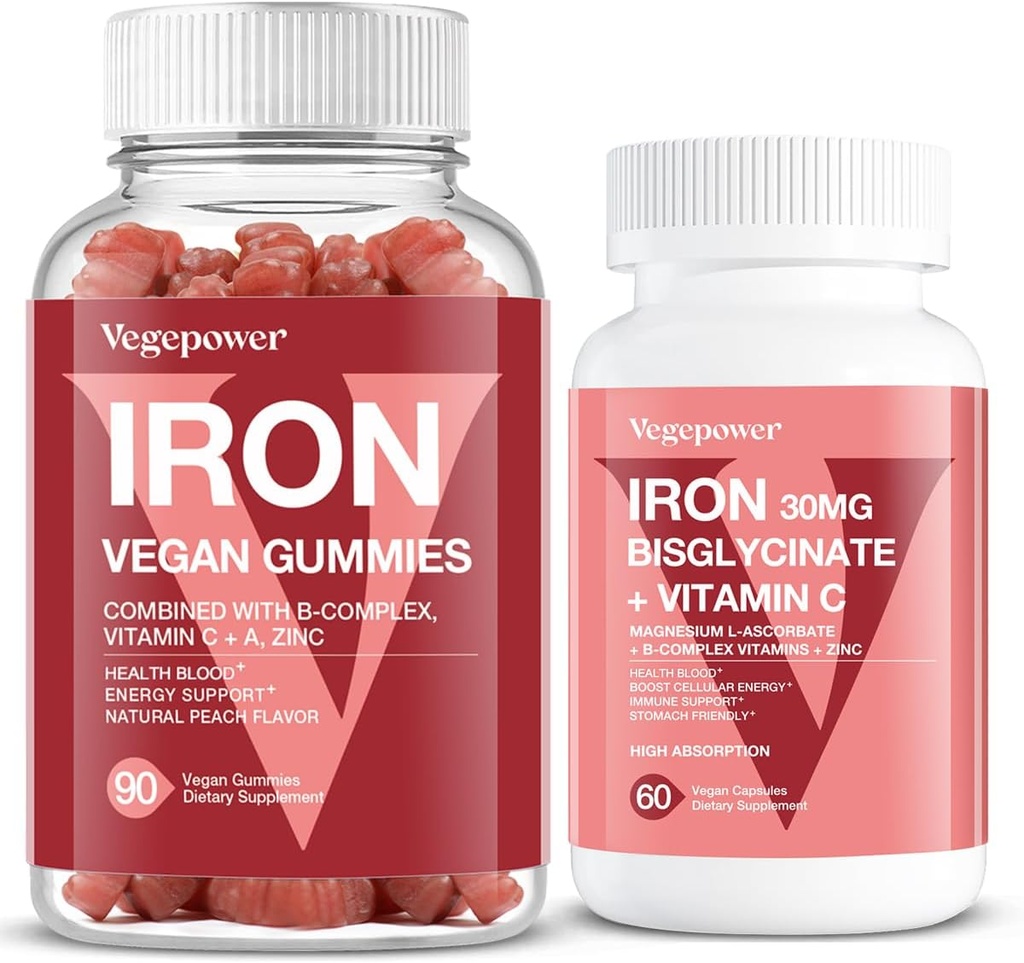 Vegan Iron Gummies + Iron Bisglycinate 30MG | Supporto di supplemento di ferro vegano per il sangue sano e l'energia quotidiana per adulti e bambini - 90 Conte+60 Conte