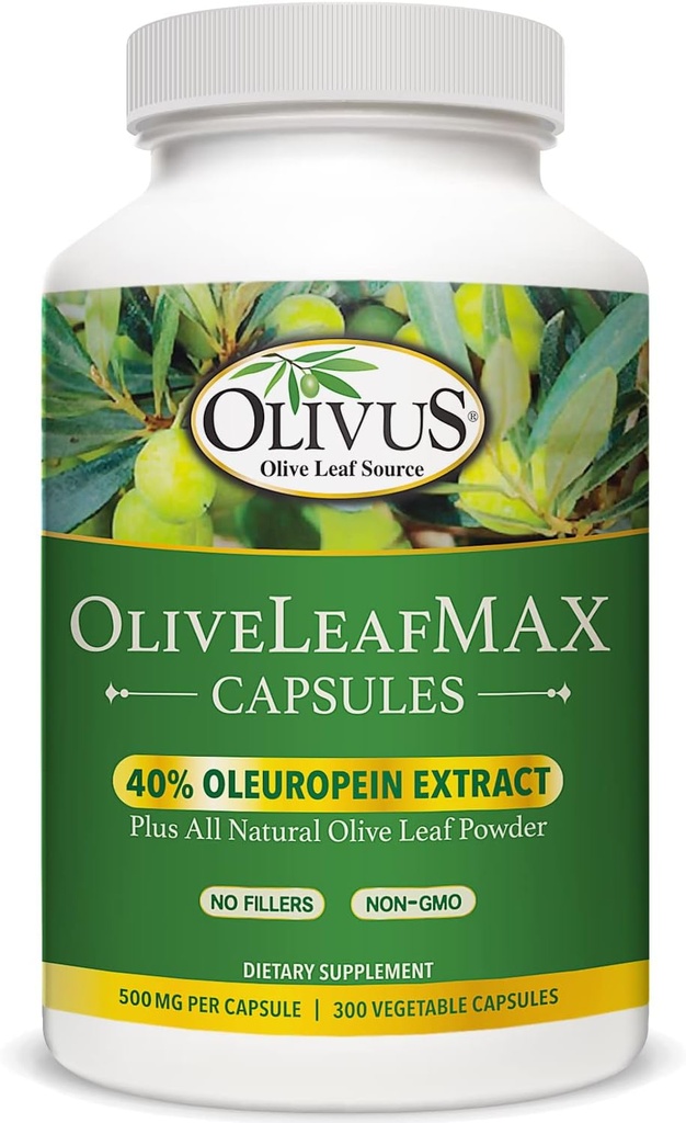 Estratto di foglie di oliva OliveLeafMAX (40% Oleuroepin) + Polvere di foglie di oliva biologica + No Fillers + 300 capsule vegetariane + Fonte dalla Spagna e Prodotto in USA a GMP Facility