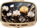 Dynippy Pill Case Pill Box con Mirror Retro Pocket 2 Compartment Medicine Case Vitamin Pill Organizer per Pocket Purse and Travel (Gold- Flower 1)