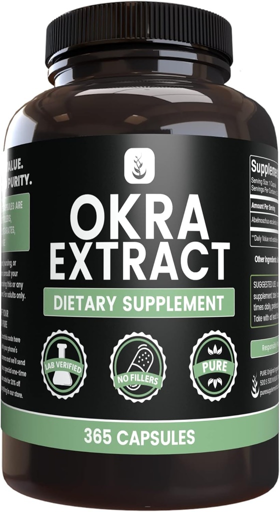 PURE ORIGINAL INGREDIENTI Okra Extract (365 capsule) No Magnesio o Filler di riso, Sempre Pure, Lab verificato