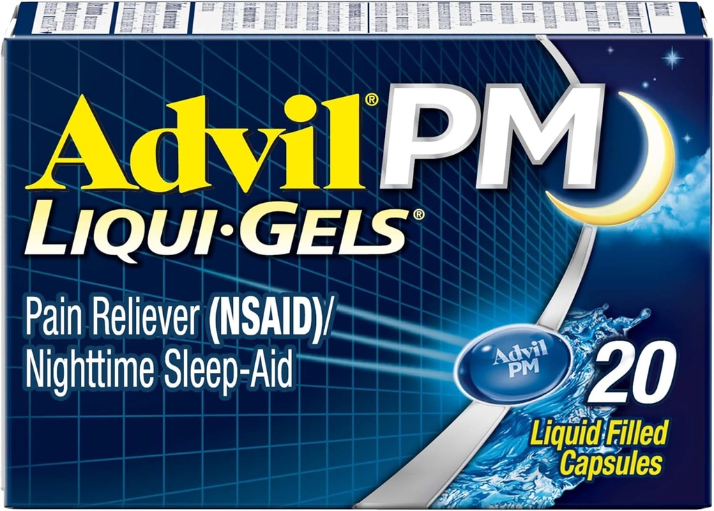 Advil PM Liqui-Gels Pain Reliever e Nighttime Sleep Aid, Medicina del dolore con Ibuprofene per il sollievo dal dolore e Difenidramina HCL per un aiuto al sonno - 20 capsule riempite liquide - Torna al College