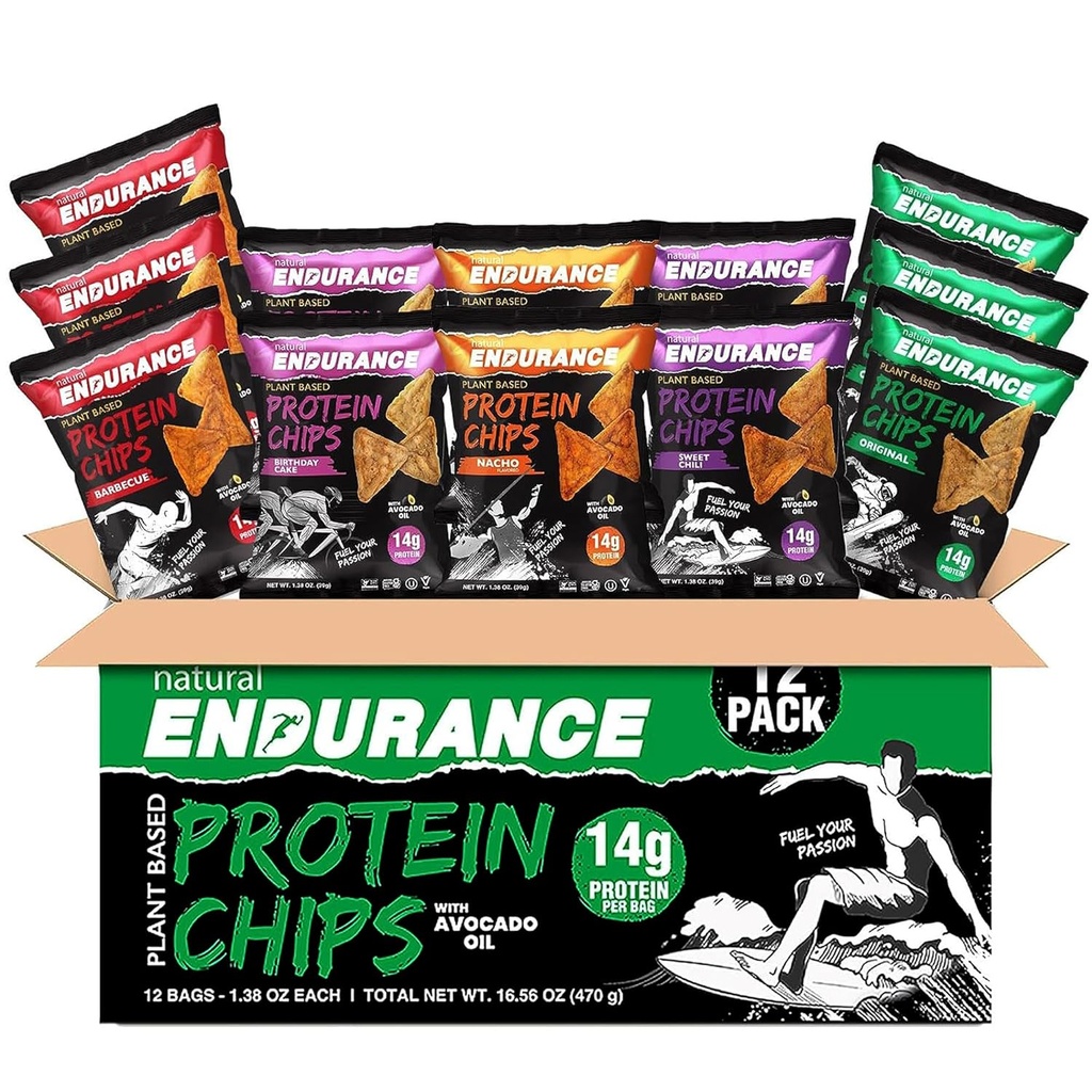 Proteine di Endurance Naturale Chips - Low Carb Chips, Spuntino ad alta proteina, Proteine Vegan con Olio di Avocado, Proteine 14g Per Bag, Senza Glutine, Nacho, BBQ, Chili, Torta di compleanno, Originale - Varietà Pack, 1.38 oz Bags (Pack of 12)